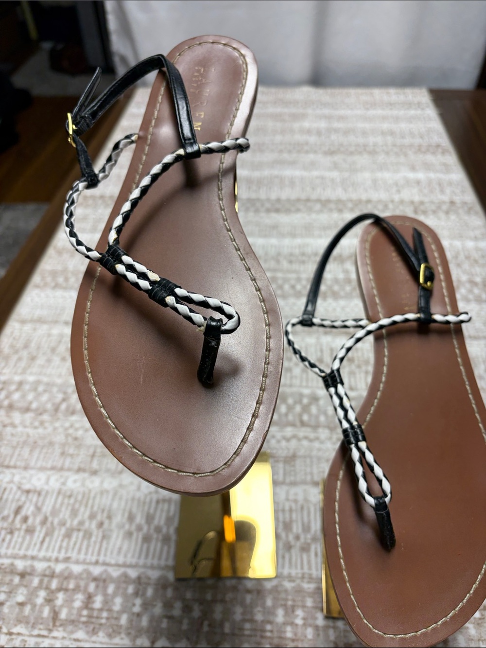 Lauren Ralph Lauren Black & White Braided Thong Sandals with Brown Footbed